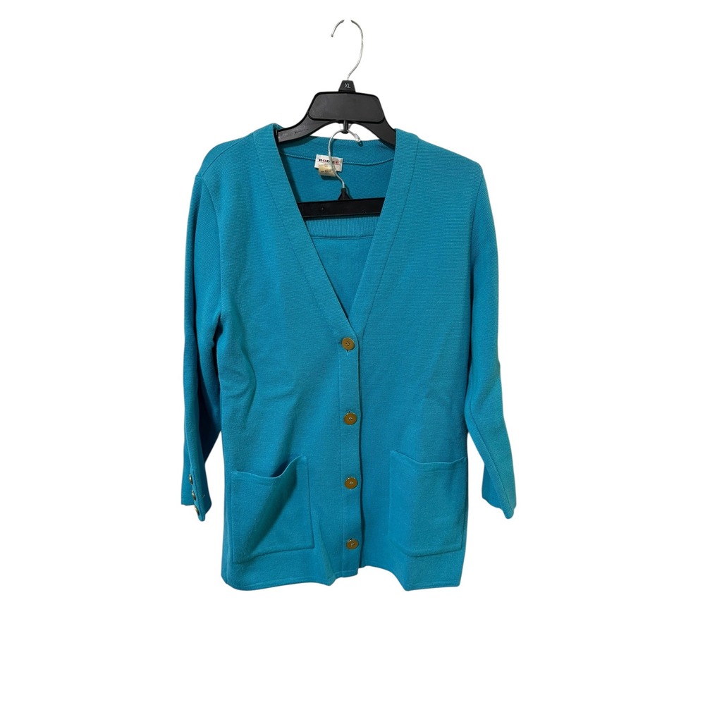 Vintage‎ Rodier Size Medium Teal Blue Wool Blend Knit Cardigan and Skirt
